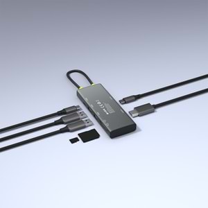 S-link SW-U708 7 in 1 Gri Metal 4K 60Hz HDMI 100W PD 2xUSB 3.2 1xType-C Data SD/TF Type-C Hub Adaptör