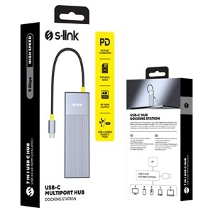 S-link SW-U709 9 in 1 Gri Metal 4K 60Hz HDMI 100W PD, RJ45 Gigabit, 3xUSB 3.2, SD/TF Type-C Hub Adaptör