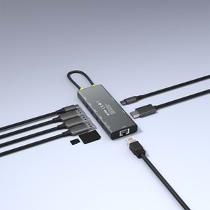 S-link SW-U709 9 in 1 Gri Metal 4K 60Hz HDMI 100W PD, RJ45 Gigabit, 3xUSB 3.2, SD/TF Type-C Hub Adaptör