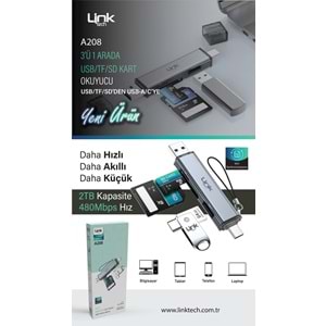 LinkTech A208 3'ü 1 Arada USB-A / USB-C OTG Kart Okuyucu ve Flash Bellek