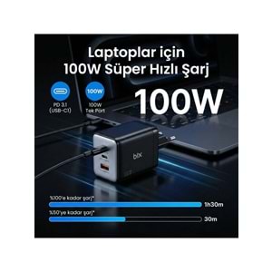 BIX BX3P102G 100W GaN Şarj Aleti 3 Portlu USB-C USB-A PD 3.0 Hızlı Şarj Adaptörü