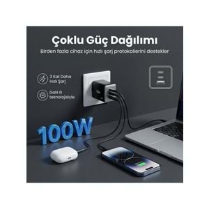 BIX BX3P102G 100W GaN Şarj Aleti 3 Portlu USB-C USB-A PD 3.0 Hızlı Şarj Adaptörü