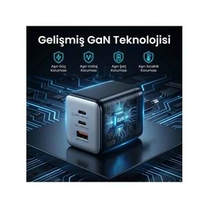BIX BX3P102G 100W GaN Şarj Aleti 3 Portlu USB-C USB-A PD 3.0 Hızlı Şarj Adaptörü