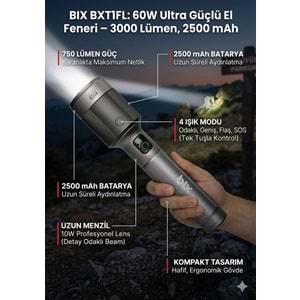 BIX BX5102FL 60W LED 3000 Lümen Uzun Menzilli Kompakt El Feneri Gri