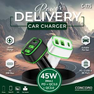 Concord C-775W 45W Beyaz PD23w Type C Araç Çakmaklık Şarj, QC3.0 USB 5V 3A Çakmaklık Şarjı