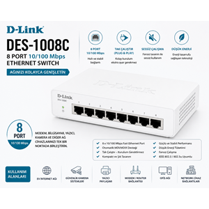D-Link DES-1008C 8 Port 10/100 Mbps Ethernet Switch Ağ Çoğaltıcı