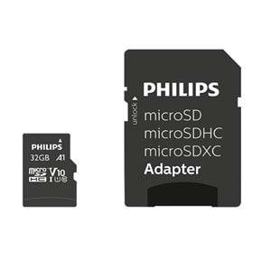 Philips 32GB Micro SDHC Hafıza Kartı Class 10 UHS-I U1 Adaptörlü Yüksek Hızlı