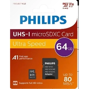 Philips 64GB Micro SDXC Hafıza Kartı Class 10 UHS-I U1 Adaptörlü Yüksek Hızlı