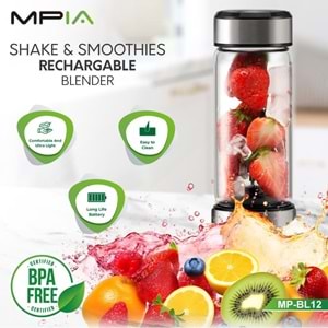 PrimeX MPIA MP-BL12 126W 2000mAH Şarjlı Cam Blender, Sporcu Taşınabilir Şarjlı Blender, Buz Kırma ve Meyve Parçalayıcı Çelik Bıçak Blender, (Taşıma Kapağı Dahil)