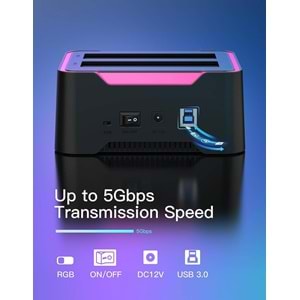 NBTech NB-2395 USB 3.0 Çift Yuvalı Klonlama Destekli RGB SATA HDD SSD Docking Station