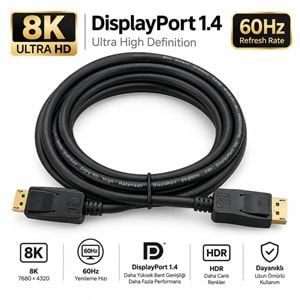 NBTech NB-2565 5 Metre DisplayPort 1.4 Kablo 8K 60Hz 4K 144Hz 2K 165Hz 1080P 240Hz