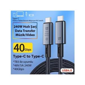 NBTech 2MT 240W 4.0 Thunderbolt Type-C to Type-C Şarj, Data ve 8K 60Hz Görüntü Aktarım Kablosu