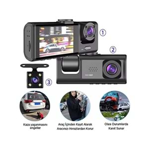 NBTech Black Box 1080P Ön-Arka 3 Kameralı 2.0”Hd Ekran Ve G Sensörlü Akıllı Wifi Araç Kamerası