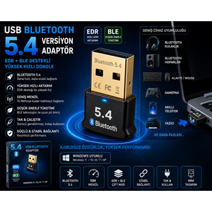 NBTech NB-BL054 USB Bluetooth 5.4 Adaptör EDR + BLE Destekli Yüksek Hızlı Kablosuz Dongle