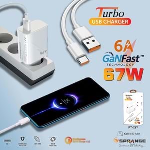 Sprange PT-X76 67W USB to Type-C Turbo Şarj Aleti QC 4.0 GaN Hızlı Şarj Adaptörü