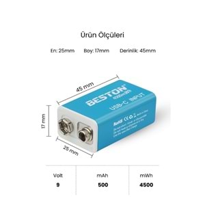 NBTech NB-TYP9V Type C Girişli Şarj Edilebilir Pil, 1000Mah 9V Şarj Edilebilir Pil