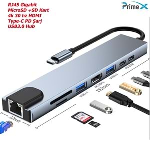 NBTech NB-U520 4K@30Hz Gri Metal Type-C to 4K HDMI+USB 3.0+RJ45+SD Kart şarj Çevirici Adaptör