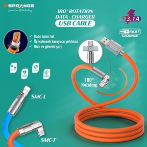 Sprange SMC-L Ligtning 1 Metre 3.1A İphone Hızlı Şarj Kablosu, 180 Derece Oynar Başlıklı Kalın Dayanıklı Şarj Kablosu