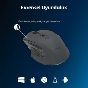 Philips SPK7547G Dual Mode Bluetooth + 2.4GHz 4000 DPI Sessiz Ergonomik Kablosuz Mouse Gri