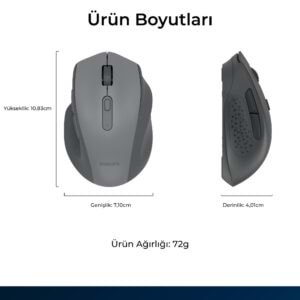 Philips SPK7547G Dual Mode Bluetooth + 2.4GHz 4000 DPI Sessiz Ergonomik Kablosuz Mouse Gri