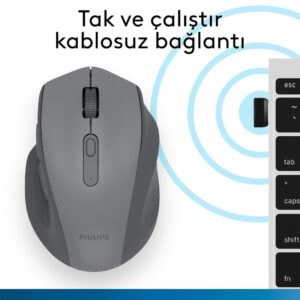 Philips SPK7547G Dual Mode Bluetooth + 2.4GHz 4000 DPI Sessiz Ergonomik Kablosuz Mouse Gri