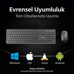 Philips SPT6318 Kablosuz Türkçe Q Klavye ve Mouse Seti - Siyah (Ergonomik ve Sessiz)