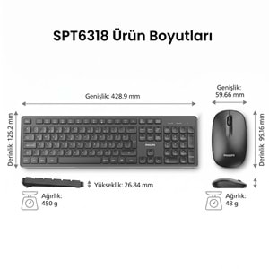 Philips SPT6318 Kablosuz Türkçe Q Klavye ve Mouse Seti - Siyah (Ergonomik ve Sessiz)