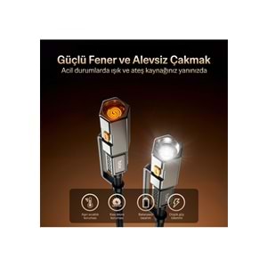 BIX T2IN1C 240W LED Fener ve Alevsiz Çakmak Fonksiyonlu Type-C to Type-C Şarj ve Data Kablosu 1.2 Metre Siyah
