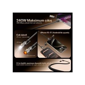 BIX T2IN1C 240W LED Fener ve Alevsiz Çakmak Fonksiyonlu Type-C to Type-C Şarj ve Data Kablosu 1.2 Metre Siyah