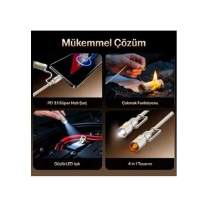BIX T2IN1C 240W LED Fener ve Alevsiz Çakmak Fonksiyonlu Type-C to Type-C Şarj ve Data Kablosu 1.2 Metre Siyah