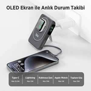 BIX TPB16 6’sı 1 Arada 10000mAh Manyetik OLED Ekranlı Kablosuz Powerbank Siyah