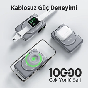BIX TPB16 6’sı 1 Arada 10000mAh Manyetik OLED Ekranlı Kablosuz Powerbank Gri