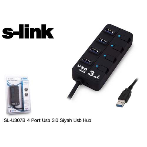 S-link SL-U307B 4 Port USB 3.0 Açma Kapama Düğmeli Siyah USB Hub