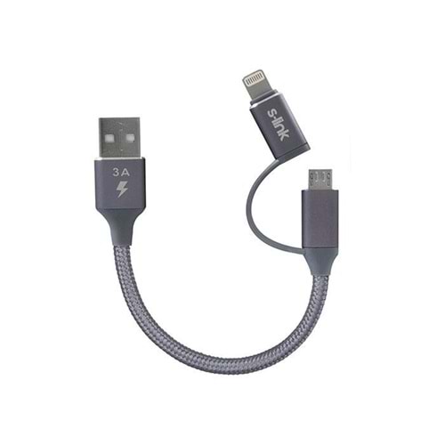 S-link Swapp SW-C220 15cm USB Micro/İPhone Kılıflı Metal Gri 2 in 1 Flat Cable
