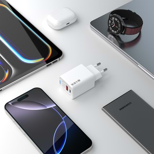 S-link SL-ECG45 Type USB-C 45W PD + 18W USB QC 3.0 GAN Beyaz Hızlı Ev Şarj Adaptörü