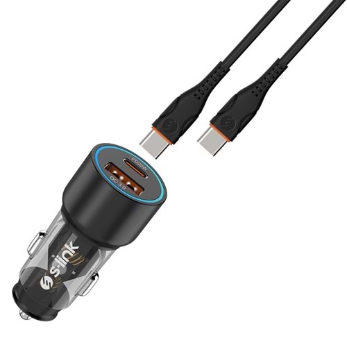 S-link SL-AC43TP TypeC to TypeC Kablolu 43W PD 25W + QC3.0 18W Siyah Araç Şarj Cihazı