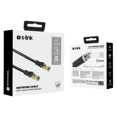 S-link MM-CAT701 1m Siyah S/FTP CCA CAT7 Gold Uçlu Ağ Bağlantı Kablosu