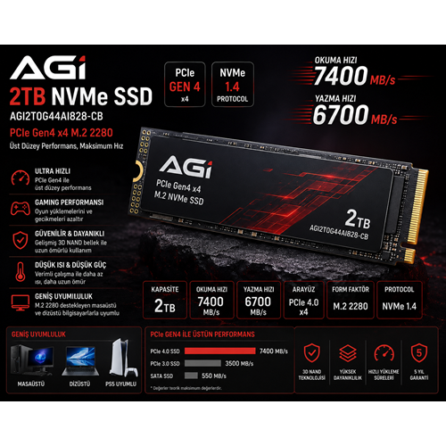 AGI 2TB NVMe PCIe Gen4 M.2 SSD 7400MB/s Ultra Hızlı Gaming SSD