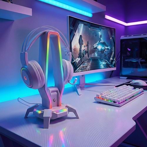 Rampage RM-H27 RGB Işıklı 3*USB 1*Type-C Beyaz 1*3.5mm Port Kulaklık Standı