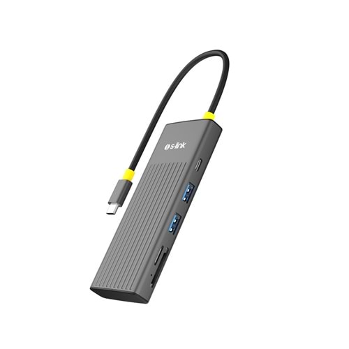 S-link SW-U708 7 in 1 Gri Metal 4K 60Hz HDMI 100W PD 2xUSB 3.2 1xType-C Data SD/TF Type-C Hub Adaptör