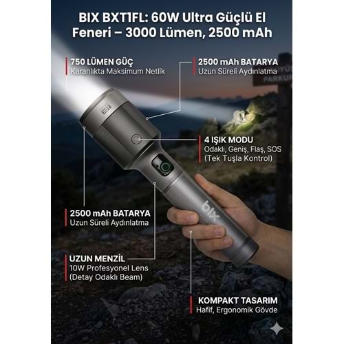 BIX BX5102FL 60W LED 3000 Lümen Uzun Menzilli Kompakt El Feneri Gri