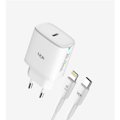 LinkTech C308 Safe Tip-C Lightning Kablolu PD 20W Hızlı Şarj Cihazı Beyaz