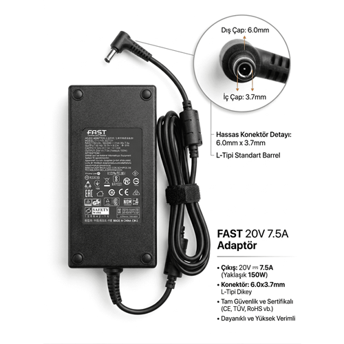 FAST C22 19.5V 11.8A 230W Asus/Exalibur/Monster Notebook Şarj Aleti (6.0*3.7 mm iğneli)