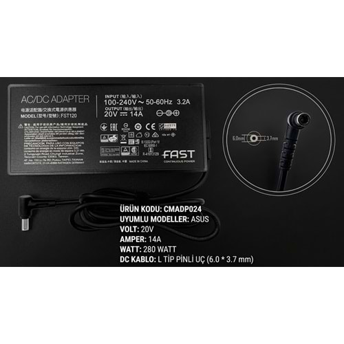 Fast C24 280W Asus Notebook Şarj Adaptörü 20V 14A 6.0x3.7mm İğneli