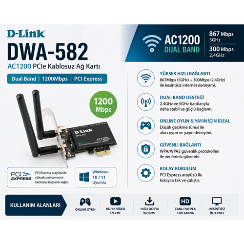 D-Link DWA-582 AC1200 PCIe Kablosuz Ağ Kartı Dual Band WiFi Adaptör,AC1200 PCI Express WiFi Kartı