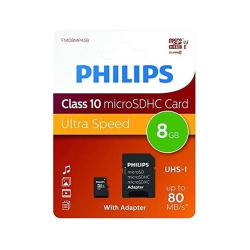 Philips FM08MP45B00 8GB Class10 UHS-I U1 TF Adaptörlü Micro SDHC Hafıza Kartı