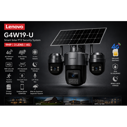 Lenovo G4W19-U 9MP (W14CZU) 4G Solar Güvenlik Kamerası 3 Lensli PTZ Gece Görüşlü