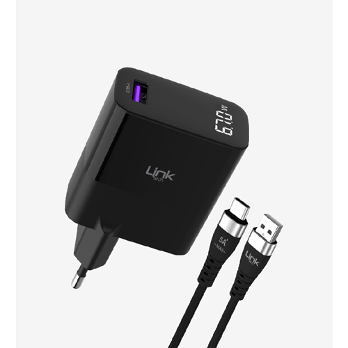 LinkTech G860 Premium USB-A'dan Tip-C'ye Kablolu 67W Süper SI GaN Adaptörü