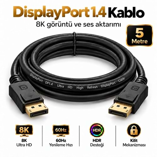 NBTech NB-2565 5 Metre DisplayPort 1.4 Kablo 8K 60Hz 4K 144Hz 2K 165Hz 1080P 240Hz