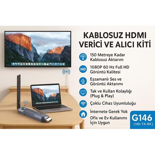 NBTech NB-HDWEX150 1080P 150m HDMI Wireless Extender, 150MT Kablosuz Hdmı Görüntü Aktarma Adaptörü Alıcı Verici 1080P 4K HD Kablosuz HDMI Bağlantı Adaptörü